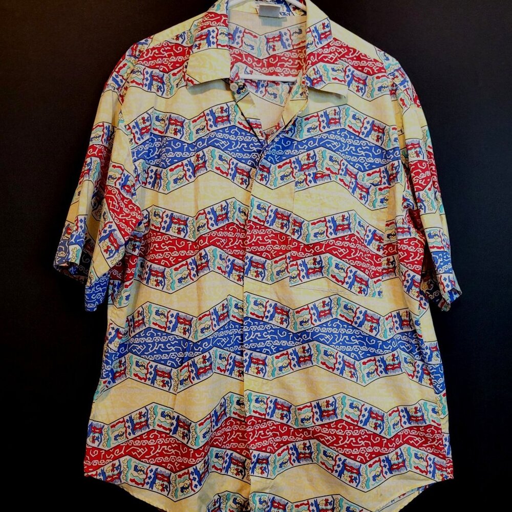 Vintage Button Up Shirt Hong Kong JG Hook Multicolor Yellow Red Blue Large